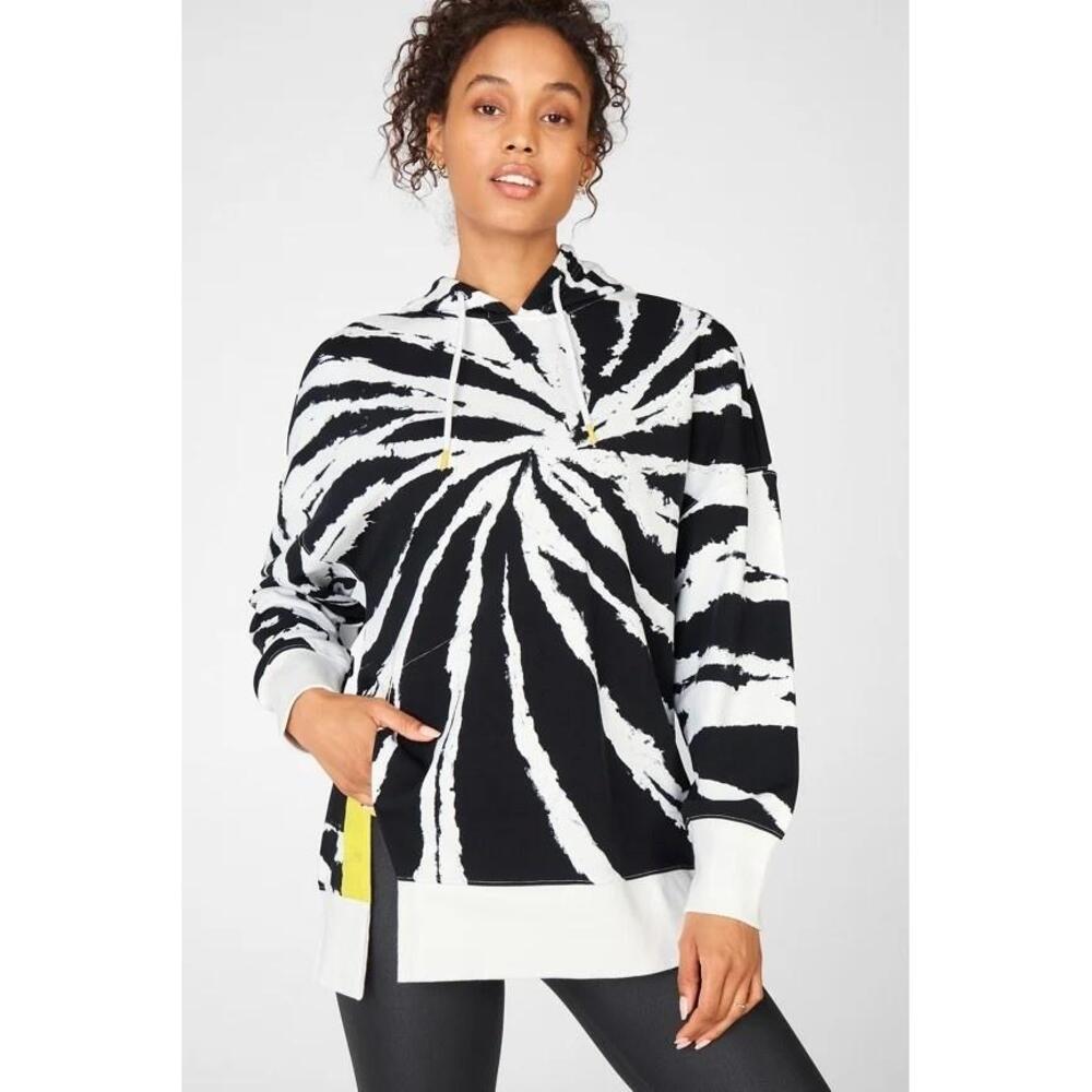 NWT Fabletics Jasmine Side Slit Pullover Tie Dye Hoodie Big Spinner White Zest S